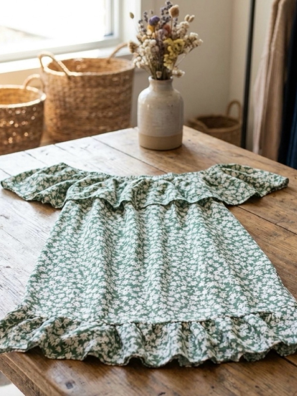 Green Floral Ruffle Dress